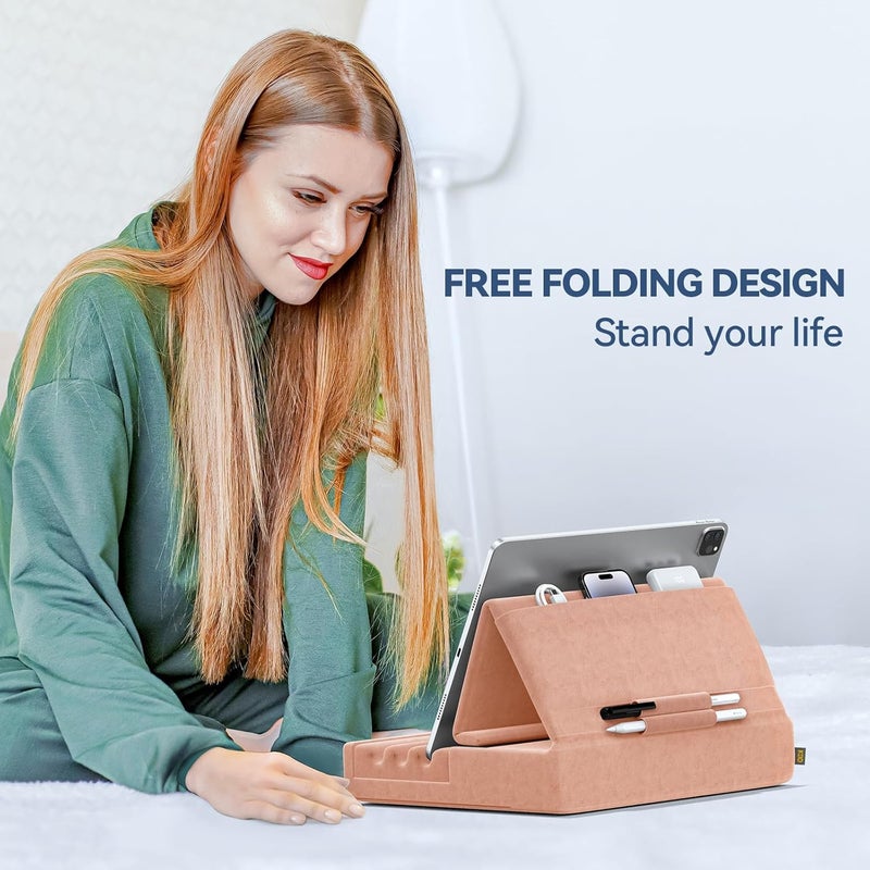 KDD Tablet Pillow Holder, Foldable iPad Stand for Lap, Bed and Desk -Tablet Soft Pad Dock with Pocket & Stylus Mount Compatible with iPad Pro 12.9, 10.5, 9.7 Air Mini 6 5 4 3, E-Reader - Image 2